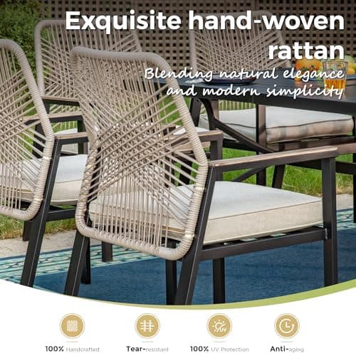 MIXPATIO 7 Pieces Round Outdoor Dining Set for 6, Patio Dining Set Wicker Rattan Chairs with Soft Cushion and 54" Round Table with Umbrella Hole, Round Patio Table and Chairs for Backyard Porch