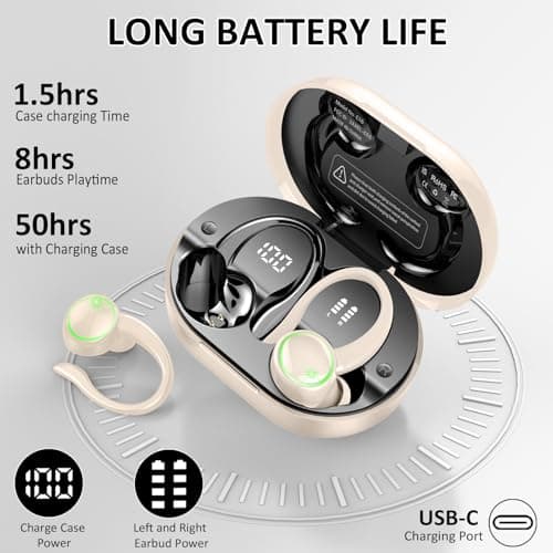 Matast Wireless Earbuds, Bluetooth Headphones Sports, Bass Fitness Earphones Gym Running, IP7 Waterproof Headset with Earhook Workout, Playback Over-Ear Buds with ENC Noise Cancelling Mic