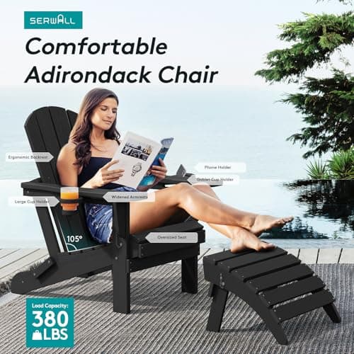 SERWALL HDPE Folding Adirondack Chair with Dual Cup Holder - Composite Adirondack Chair Set of 4- Black