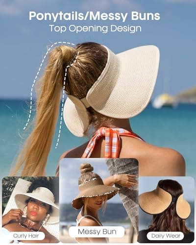 FURTALK Sun Hats for Women Wide Brim Beach Hat Straw Visor Ponytail Summer UV Packable Foldable Beach Vacation Essentials