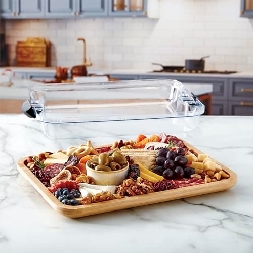 Farberware Bamboo Cutting Board with Clear Locking Lid, 11x14 Inch Charcuterie Board with Handles - Reversible Serving Board for Cheese, Meats, Snacks and More B0D2RRK7CS
