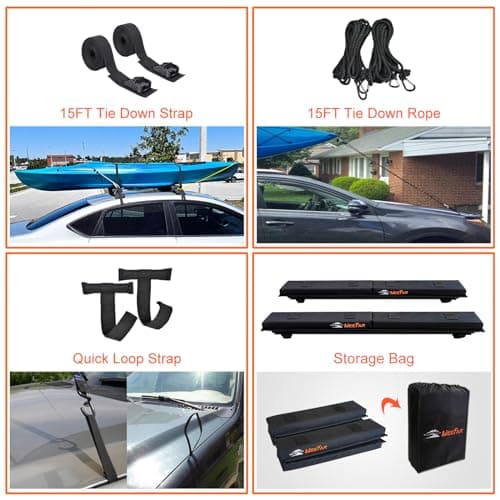 MeeFar Universal Car Soft Roof Rack Pads Luggage Carrier Rack for Kayak Surfboard SUP Canoe Include 2 Heavy Duty Tie Down Straps, 2 Tie Down Rope, 2 Quick Loop Strap