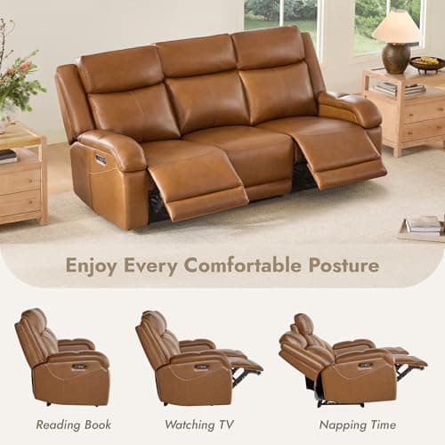 Watson & Whitely Genuine Leather Power Recliner Sofa, 3 Seater Wall Hugger Reclining Sofas with Power Headrest, USB & TypeC Ports, Electric Recliner Couch Set for Living Room, Saddle Brown