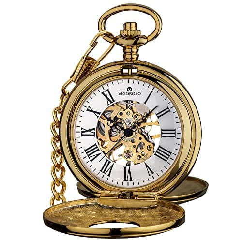 VIGOROSO Vintage Hand Wind Up Pocket Watches for Men, Mechanical Pocket Watch with Chain, Mens Skeleton Pocketwatch