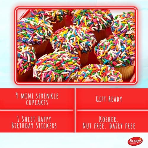 Birthday Gift Basket | Cupcakes Bakery Fresh [9 Count] | Mini Rainbow Sprinkle Cupcakes Individually Wrapped | Birthday Treats for Kids, Men, Women| Kosher, Nut Free | Stern’s Bakery B0D154PXW7