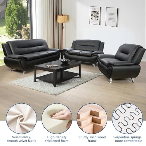 Ocstta Modern 3 Piece Living Room Couch Set, Faux Leather Sofa Set, Black