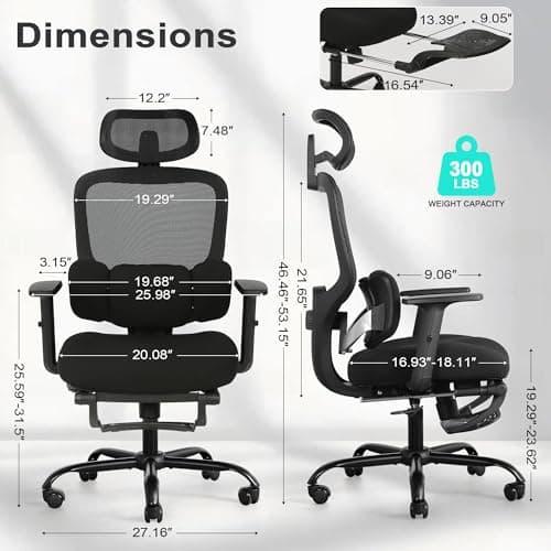 Ergonomic Office Chair with Footrest, Mesh Desk Chair with Adjustable Headrest & Armrests & Dynamic Floating Wing Lumbar Support, High Back Computer Chair for Home Office, BIFMA Certified, Black