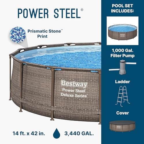 Bestway Power Steel 14’ x 42” Round Above Ground Outdoor Backyard Swimming Pool Set with 1,000 GPH Filter Pump, Ladder, and Pool Cover