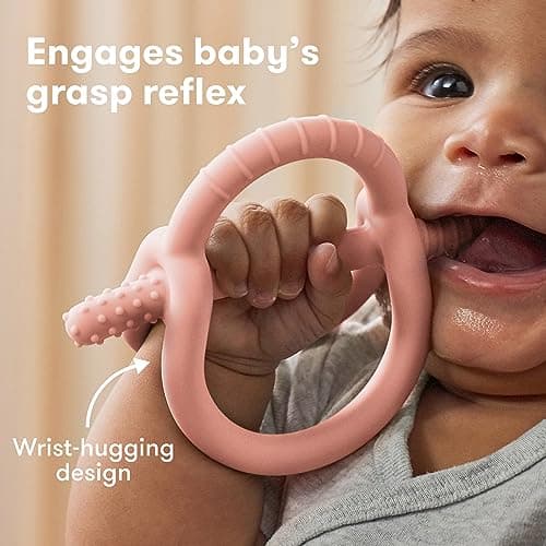 Frida Baby Get-A-Grip Silicone Teether for Teething Pain Relief, BPA-Free Food-Grade Teething Toys for Infant Baby Newborn 0-6, 12, 18 Months, Easy-Grip Teether Ring, PVC-Free, Pink