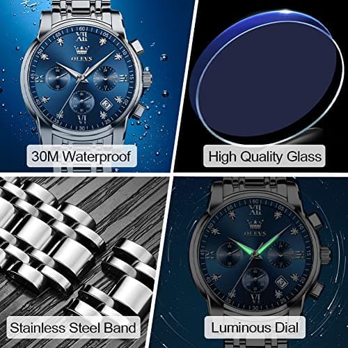 OLEVS Men's Stainless Steel Chronograph Watch, Big Face Gold Silver Black Tone Easy to Read Analog Quartz Watch, Luxury Waterproof Date Diamond Roman Arabic Numerals Dial Dress Watch for Men