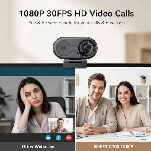 EMEET C100 1080P Webcam for PC, Fixed Focus, 66° FOV, Built-in Mic, Privacy Cover, Portable Metal Clip, Computer Camera for Home Office, Online Learning, Meetings, Streaming, Desktop, Laptop, PC USB-A