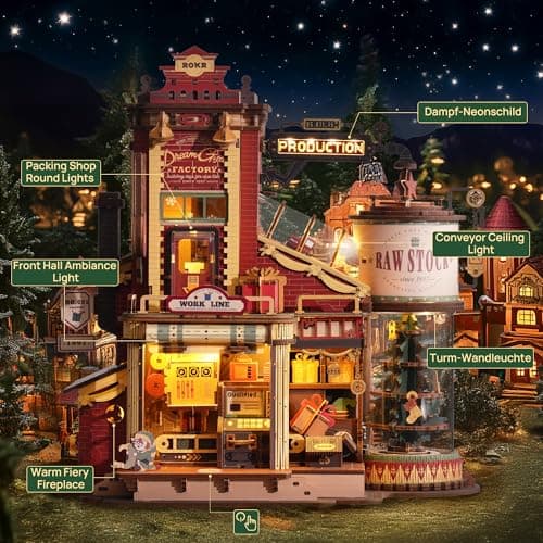 ROKR 3D Puzzle for Adults Christmas Style Dream Gift Factory Wooden Model Kit Luminous Factory DIY Dollhouse Kit Building with Music, Lights and 5 Elves for Teens & Kids