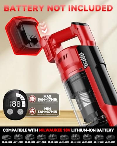 350W Cordless Vacuum Cleaner for Milwaukee M18 Battery, 35kPa Brushless Lightweight Stick Vacuum with 3 Mode Suction, 6 in 1 Stick Vacuum Cleaner with HEPA for Floor, Carpet, Car, Battery Not Included