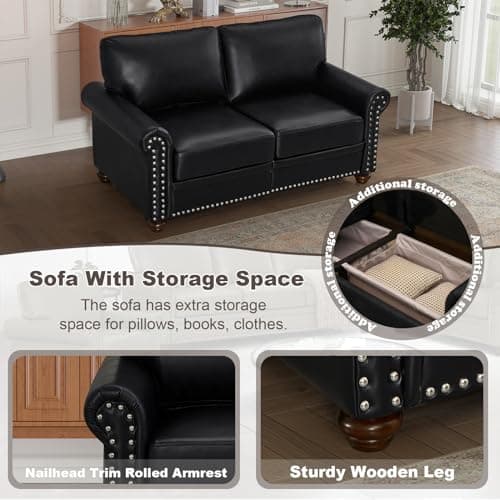2 Piece Faux Leather Sofa Set,Modern Couch and Loveseat Sets with Storage,Mid Century Couch with Rivet Rolled Arm,Comfy Deep Seat Sofa,Furniture for Living Room,Office(Loveseat+3 Seater,Black)