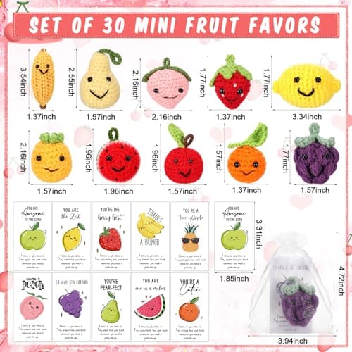 Shappy 10 Sets Inspirational Positive Fruit Toy Gift Cute Funny Wool Knitted Fruit Mini Employee Appreciation Gift Motivational Pun Card Organza Bag Classroom Team Vacation Party Favor for Student
