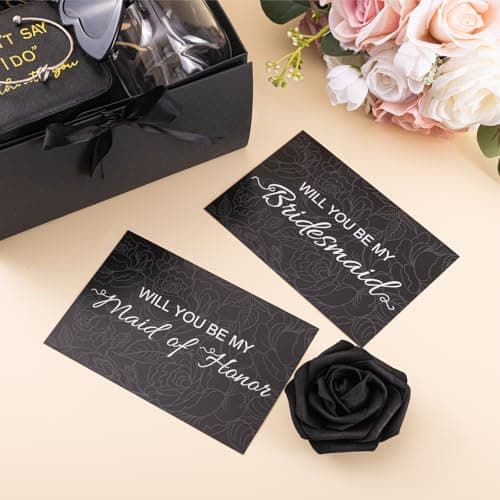 4 Sets Black Bridesmaid Proposal Gifts, Maid of Honor Gift Includes Wedding Gift Box Jewelry Box Makeup Bag Bracelet Foam Flower Invited Card Glasses Cup Hair Tie for Bridal Shower Bachelorette Party