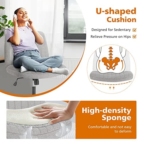 Sweetcrispy Criss Cross Chair Legged, Armless Office Swivel Desk Chairs No Wheels, Vanity Height Adjustable Wide Seat Comfy Cute Computer Task Seating for Home Bedroom, Grey