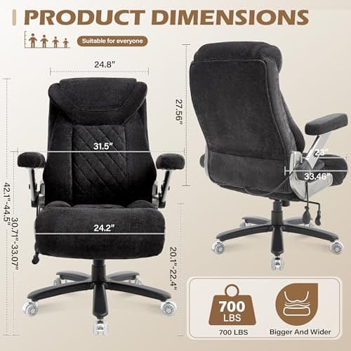 Fabric 700lbs Big and Tall Office Chair, Ergonomic Heavy Duty Executive Cloth Office Chair with 5D Flip Arms & Adjustable Lumbar Support & Dual Rubber Wheel, Large Thick Padded Extra Wide Seat, Black