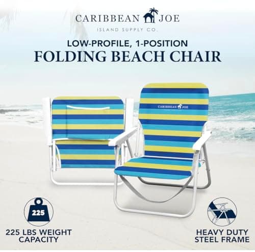 CARIBBEAN JOE Folding Beach Chair, 1 Position Lightweight and Portable Foldable Outdoor Camping Accessories with Carry Strap (Bold Stripe, 200lbs Capacity)
