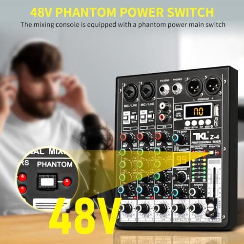 TKLBLS 4 Channel Audio Mixer, Professional DJ Mixer Sound Board Mixing Console with 99-Bit DSP Effect, Bluetooth USB Interface Stereo Mixer Board with 48V Phantom Power For Recording Live Stream