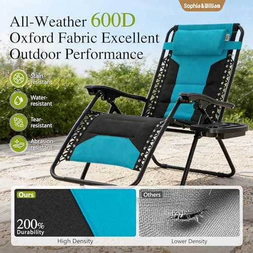 Sophia & William Oversized Zero Gravity Chair Set of 2 Padded, Folding Lounge Chair with Wide Armrest and Cup Holder, Support 400 LBS, Aqua Blue