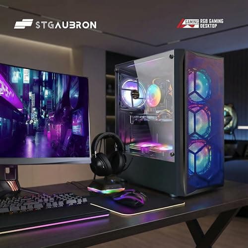 STGAubron Gaming PC Desktop Computer, Intel Core I7 up to 3.9 GHz, Radeon RX 580 8G, 16G RAM, 512G SSD, WiFi, Bluetooth 5.0, RGB Fan x6, RGB BT Sound Bar, Windows 10 Home