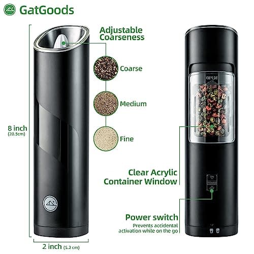 Gravity Electric Salt and Pepper Grinder Set, Adjustable Coarseness, Warm LED Light, One-handed Automatic Operation, Battery Powered, Black, Electric Pepper Mills