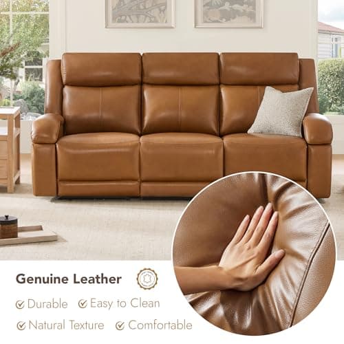 Watson & Whitely Genuine Leather Power Recliner Sofa, 3 Seater Wall Hugger Reclining Sofas with Power Headrest, USB & TypeC Ports, Electric Recliner Couch Set for Living Room, Saddle Brown