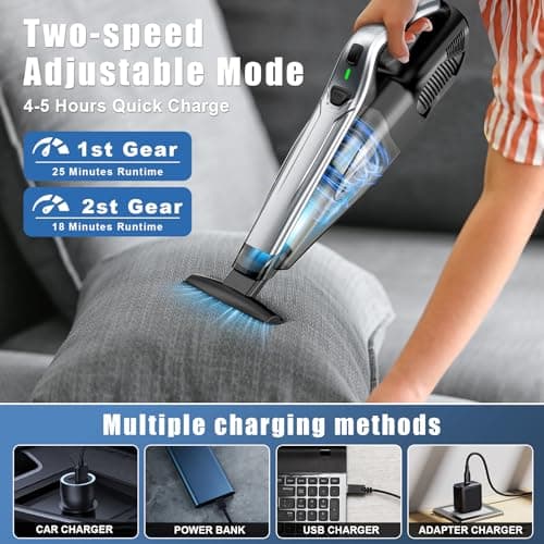 SAKOLD Car Vacuum Handheld Vacuum Cordless with Powerful Suction, Type-C Charge, 2 Suction Modes, 6-in-1 Portable Mini Vacuum for Home, Car, Office Desk, Keyboards