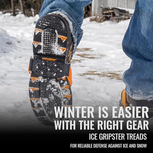 Global Glove Ice Gripster Treads Nonslip Traction Cleats for Snow and Ice, Anti-Slip Overshoe Mid-Sole Crampons with Adjustable Straps, 7 Tungsten Studs for Secure Grip, Orange and Black