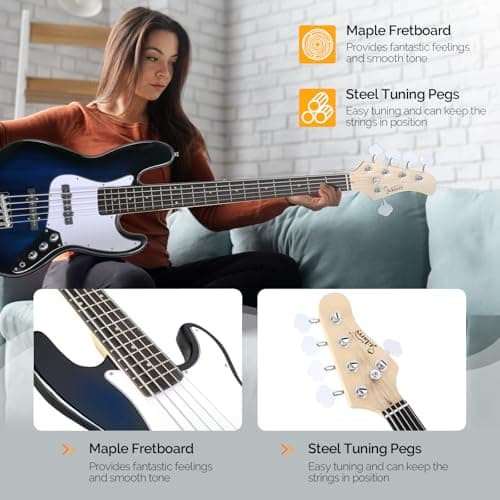 Glarry 5 String Electric Bass Guitar, Full Size Right Handed Rosewood Fretboard Bass Kit with Strap, Cable and Pick (GJazz - Dark Blue)