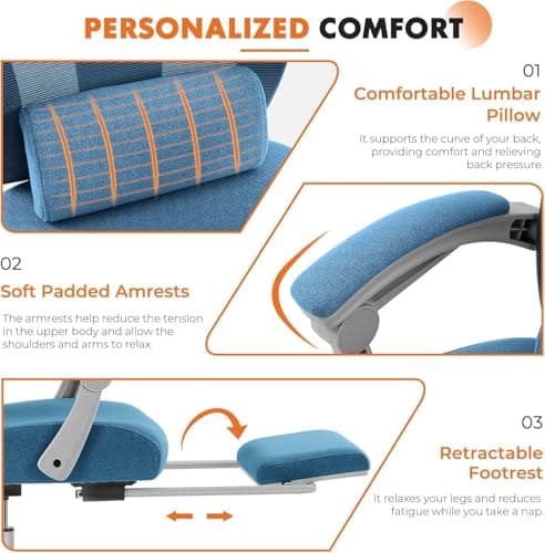 Sweetcrispy Office Computer Desk Chair with Footrest,Ergonomic High-Back Mesh Rolling Work Swivel Chairs with Wheels,Comfortable Lumbar Support,Comfy Arms for Home,Bedroom,Study,Student,Light Blue