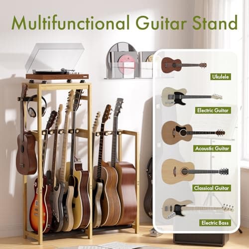 Amazer Guitar Stand, Guitar Rack for Acoustic, Bass, Electric Guitar, Multi Guitar Display Stand Adjustable Bamboo Guitars Holder, Multiple Guitar Stands Floor, for Home Music Studio