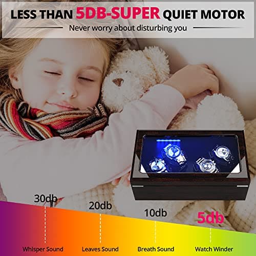 High End Watch Winder for Automatic Watches with Super Quiet Motor, Blue LED Light & Rotation Mode Setting, Watch Winder for Rolex with Flexible Pillow, Dual Power