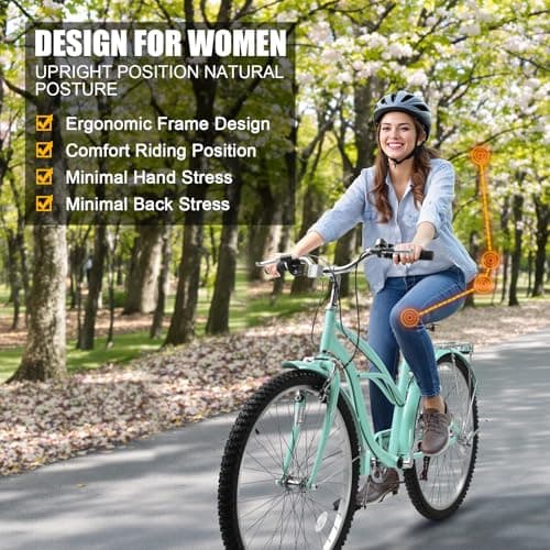 Women Bike, 26 Inch Beach Cruiser Bike, 7 Speed Commuter Bicycle with Ergonomic Upright Frame, Full Front & Rear Fenders (Green/Black/Red)