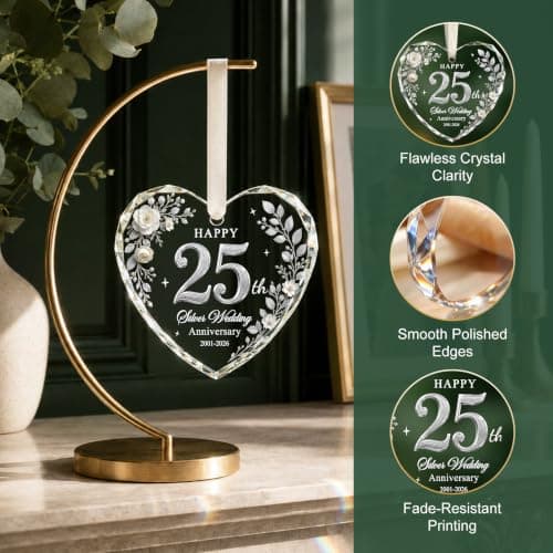 Glass 25th Anniversary Gifts for Couples Wife Husband Parents, 25 Year Anniversary Ornaments for Christmas Tree Decorations 25th Wedding Anniversary Ornament, Happy 25th Silver Anniversary Keepsake B0HFJ9P8KK