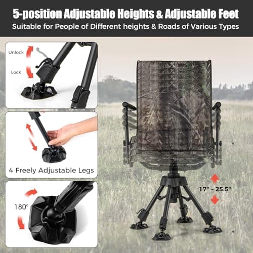 Tangkula Hunting Chair, 360 Degree Silent Swivel Blind Chair with 4 Adjustable Legs, Foot Pads & Armrests, Portable Folding Hunting Chairs for Blinds, Fishing, Camping