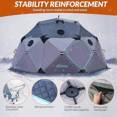 QualyQualy Insulated Pop-Up Tent with Floor - 8-10 Person Ice Fishing Shelter, 147sq.ft Windproof Ice Shack Hut with Stove Jack, Carrying Bag