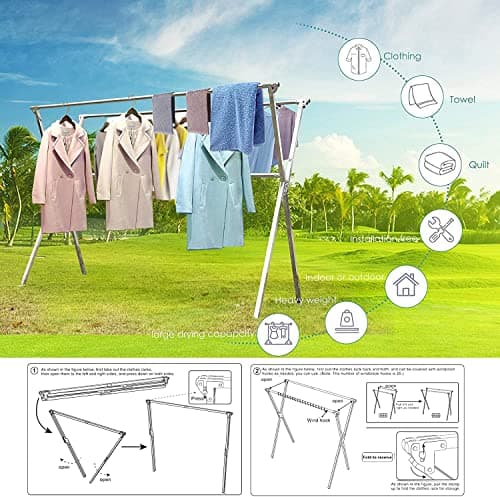 AUGMIRR Clothes Drying Racks Outdoor, 82 Inches Updated Version,Stainless Steel Laundry Drying Rack for Indoor Outdoor and The Balcony,Length Adjustable Saves Space,with Windproof Hooks(002)