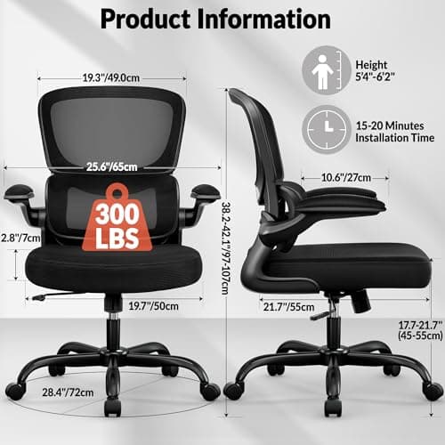 BESTFAIR Office Chair Ergonomic Desk Chair, Breathable Mesh Comfy Chair with Lumbar Support, Computer Chair, Home Desk Chair with Flip-up Armrests, Gaming Chair for Adults Home Office (Black)