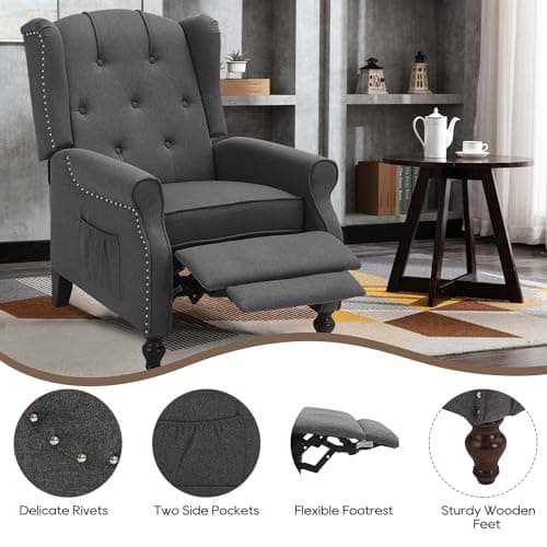 Wingback Recliner Chair with Massage and Heat, Wingback Recliner Tufted Fabric Push Back Recliner Chair for Living Room, Vintage Wingback Chair with Remote Control, Padded Cushion, Wooden Legs