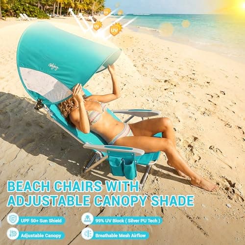 #WEJOY Beach Chair with Canopy Shade, Reclining Adjustable 4 Position, Lay Flat Lightweight Folding Portable Aluminum Chair with Backpack Straps,Padded headrest, Heavy Duty 400lbs Lawn Chair for Beach