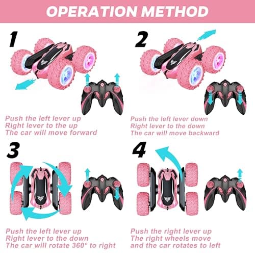 Remote Control Car, 2.4GHz RC Stunt Car, Double Sided 360° Rotating RC Cars with LED Headlight & LED Wheel, High Speed Off Road RC Crawler Xmas Gift for 3 4 5 6 7 8-12 Year Old Girls Toys (Pink)