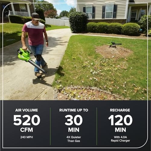 Greenworks 48V (24V x 2) Cordless Brushless Leaf Blower/Vacuum (520 CFM / 240 MPH) with Bag, Powerful & Efficient for Yard Debris Cleanup, Includes (2) 4.0Ah Battery & Dual Port Charger