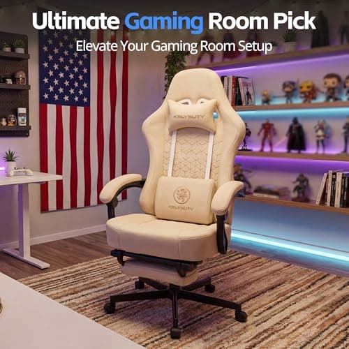 Gaming Chair Breathable Leather with Pocket Spring Cushion, Wide and High Ergonomic Office Chair with Headrest, Computer Gaming Chair with Footrest for Adult and Teen (Beige Leather)