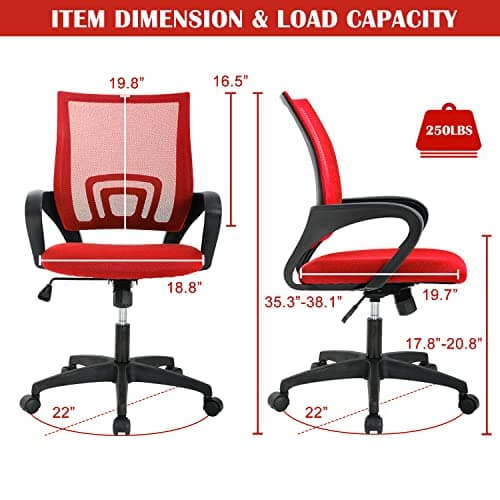 Office Chair, Desk Chair with Lumbar Support Arms, Adjustable Computer Chair with Breathable Mesh Backrest, Home Office Desk Chairs for Student, Adults, Study, Dorm, Comfortable Office Chair(Red)