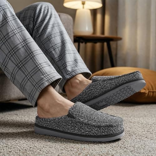 ATHMILE Mens Moccasins House Slippers Slip-on House Shoes with Warm Furry Faux Fur Cotton-Blend High-Density Memory Foam Non-Slip Sole for Indoor Outdoor
