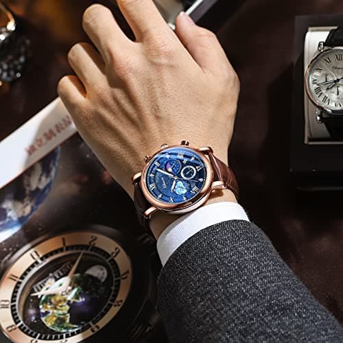 FANMIS Men's Classic Multifunctional Military Sports Analog Watch Business Dress Waterproof Luminous Chronograph Starry Sky Moon Phase Leather Wristwatch