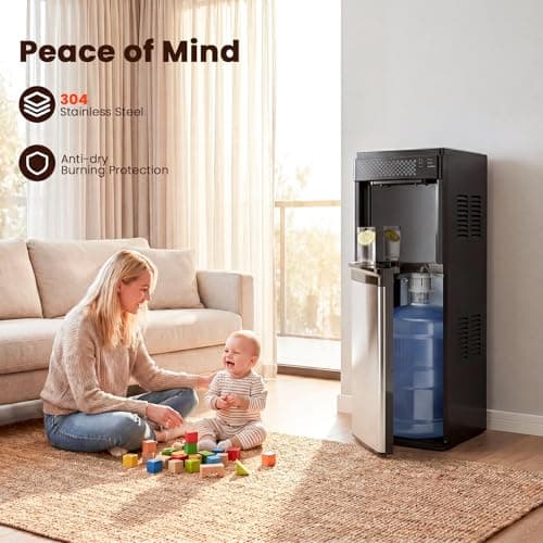 3 in 1 Water Cooler Dispenser with Ice Maker, Bottom-Loading Water Cooler Hot and Cold for Home & Office, 33lbs/24H Bullet Ice, Top Loading 3-5 Gallon, Child Safety Lock, Ice Ready in 7 Mins
