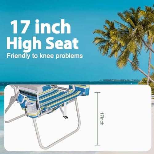 Romswi Tall Beach Chair Extra Wide for Adults, 17" High Seat Backpack Beach Chair with Cooler Bag, Cup & Phone Holder, 5-Position High Back Reclining Chair with Towel Bar & Zipper Pocket, Blue Stripes
